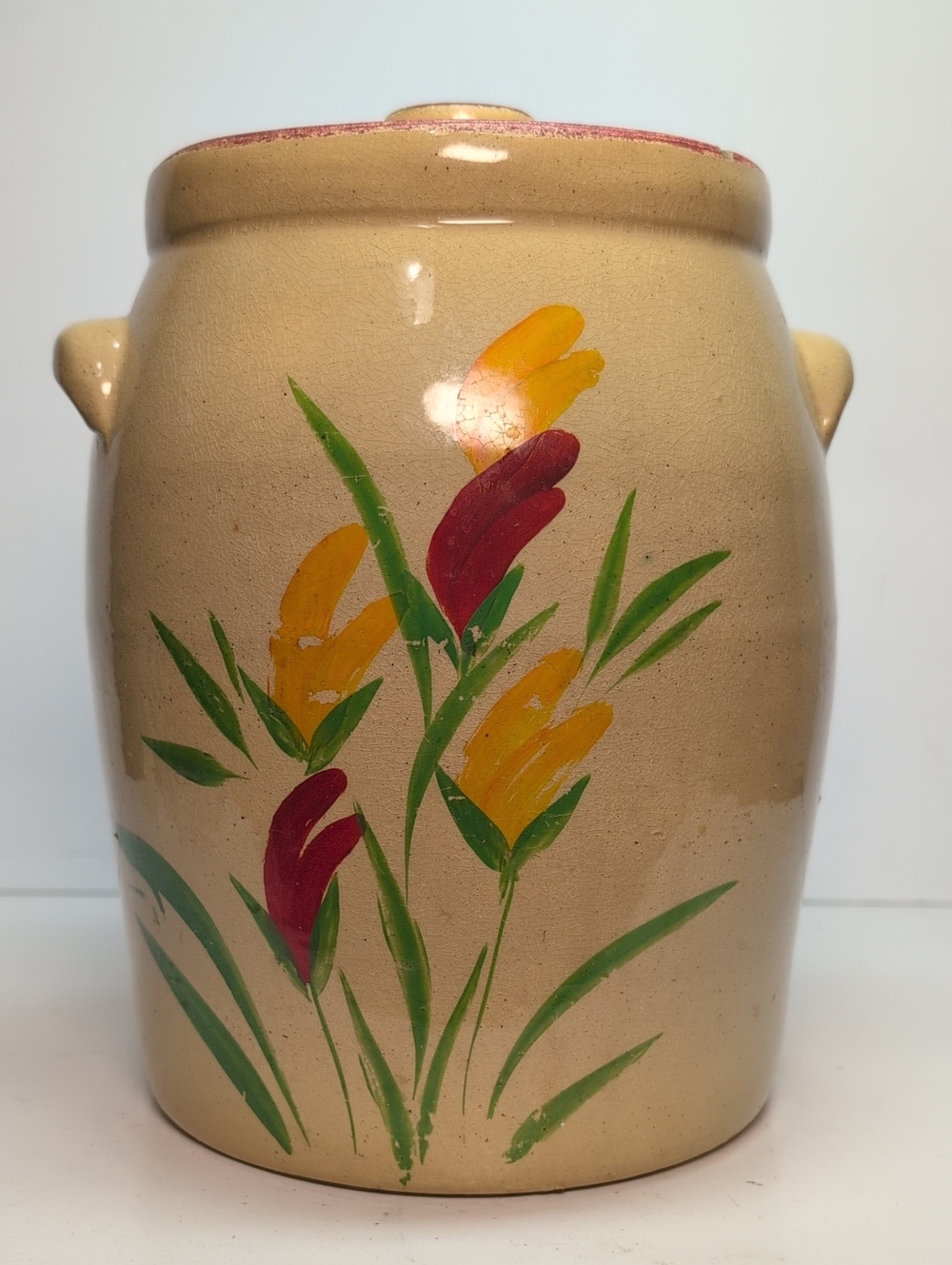 vintage 1930s Ransburg Hand-Painted stoneware cookie jar w/ Red & Yellow floral